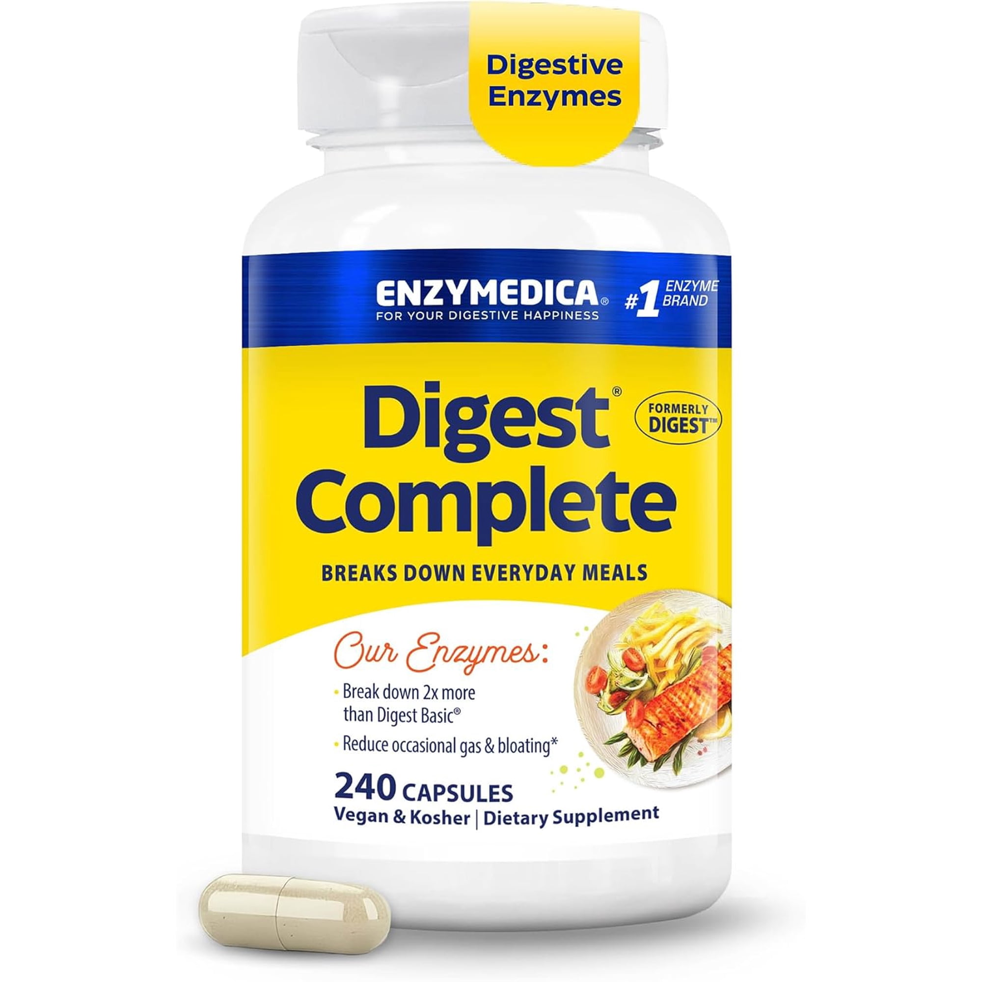 Enzymedica Digest Complete, Digestive Enzyme Supplement for Men & Women, Support for Gut Health, Eases Gas & Bloating, Vegan & Kosher- 240 Capsules