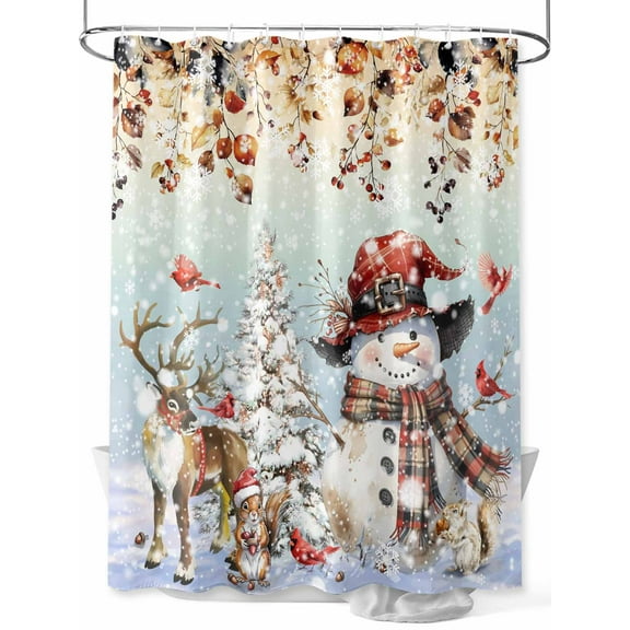 Fsddascl Christmas Snowman Shower Curtain Set - Standard 72" x 72" Washable Bathtub Curtain with 12 Hooks, Xmas Elk Tree Snowflake Botanical Ombre Waterproof Fabric Stall Shower Curtains for Bathroom