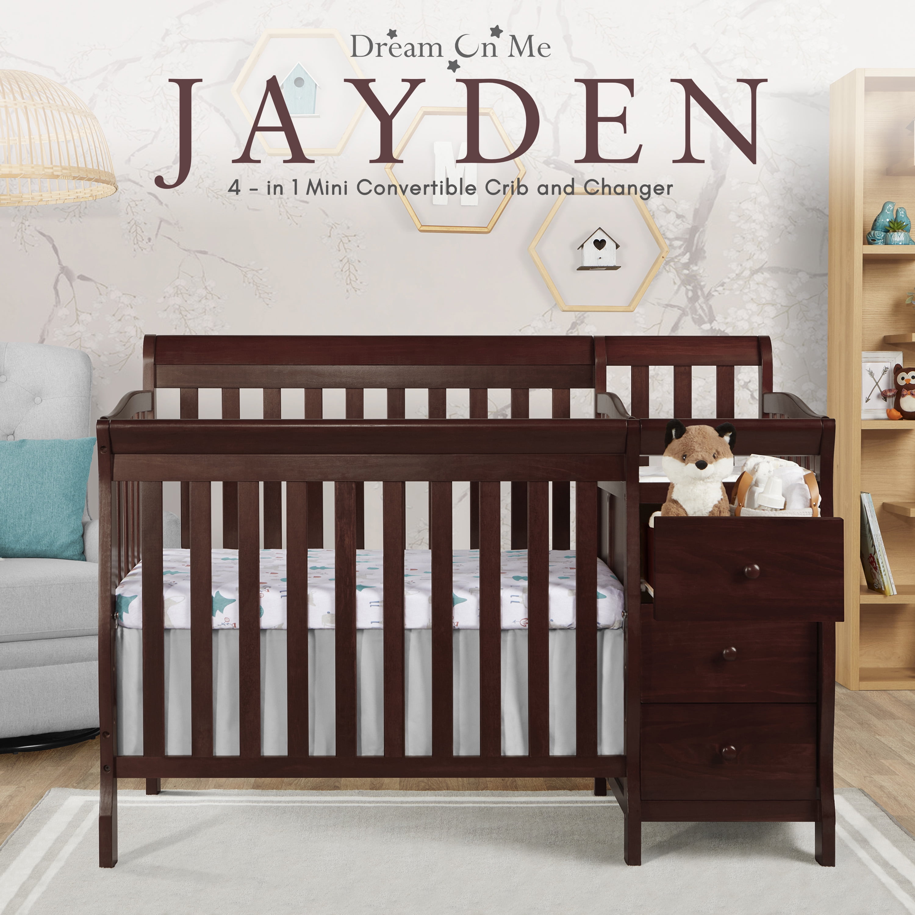 Dream On Me Jayden 4-in-1 Convertible Crib with Changer Espresso