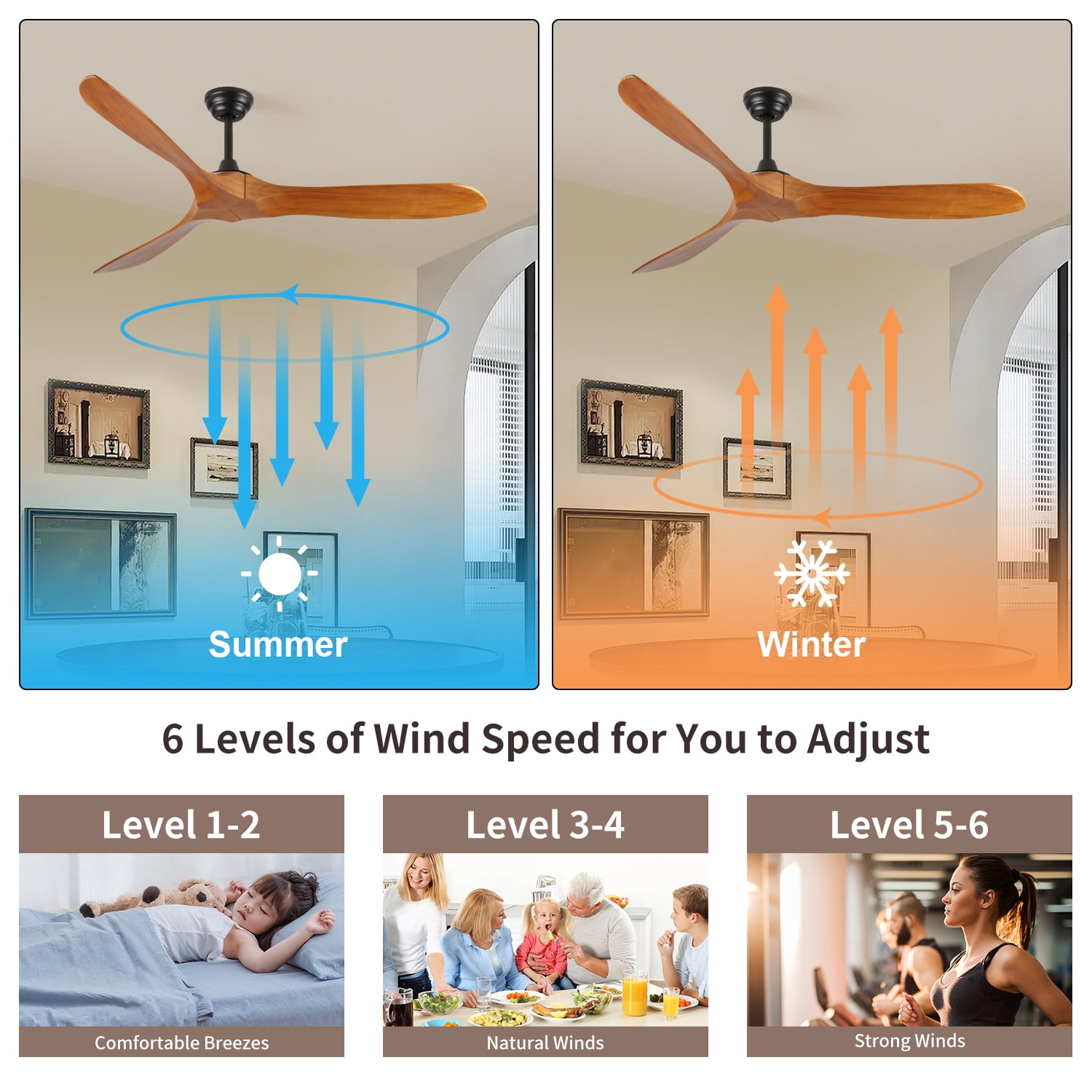 Ceiling Fan, 60 Inch Farmhouse Black Wood Remote Ceiling Fan for Living Room Patio Indoor Outdoor, Black