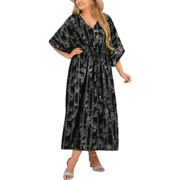 HAPPY BAY Women's Summer African Beach Maxi Slit Dresses Caftan Loungewear Dashiki Print Casual Cover up Caftans for Women 2X-3X Onyx, Leaves