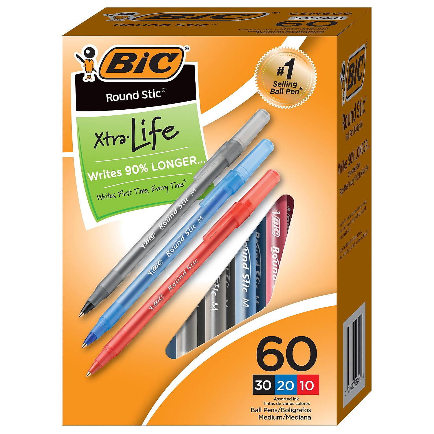 BIC Round Stic Xtra Life Ballpoint Pen, Medium Point (1.0mm), Assorted, 60 Per Box, 2 Boxes