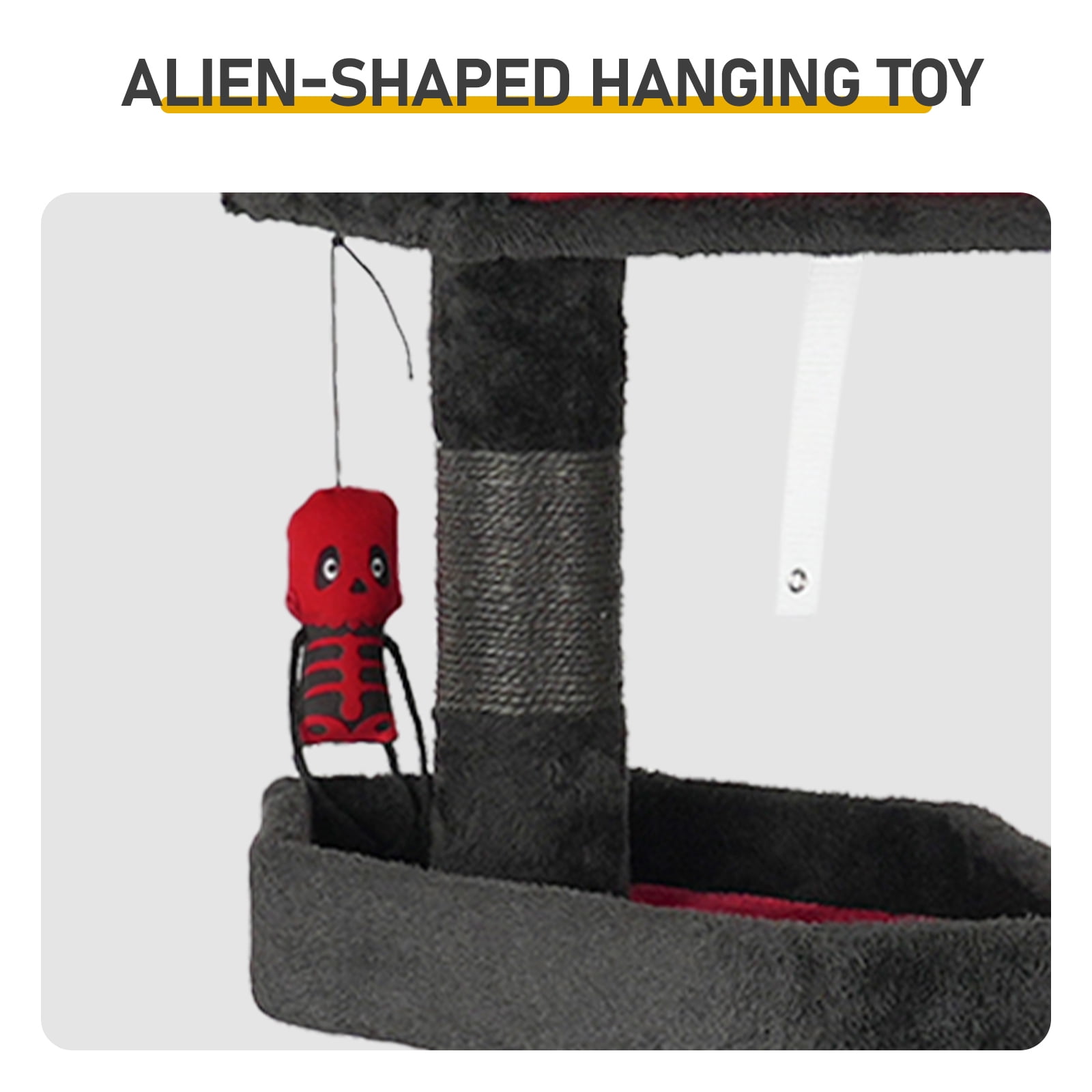 49in Gothic Cat Tree with Royal Throne Bed & Coffin-Shaped Perch, Black-Red Gothic Cat Tower with Scratching Posts & Alien Hanging Toy, Durable Sisal Scratching Posts