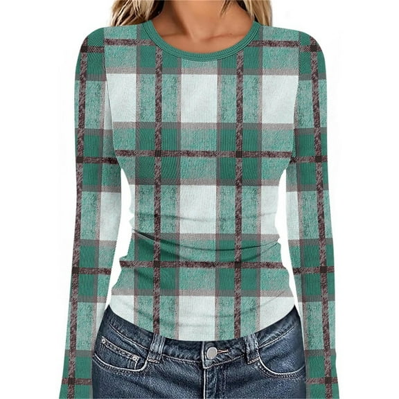 snilers Long Sleeve Shirt for Women Trendy Plaid Ribbed Knit Strech Slim Fit Crop Tops Spring Crew Neck Casual Basic T-Shirts S-2XL