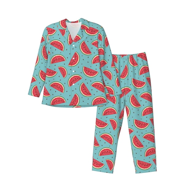 Balery Watermelon Pijama para Hombre de Dos Piezas con Manga Larga, Conjunto de Dormir y Descanso Suave con Bolsillos-X-Large