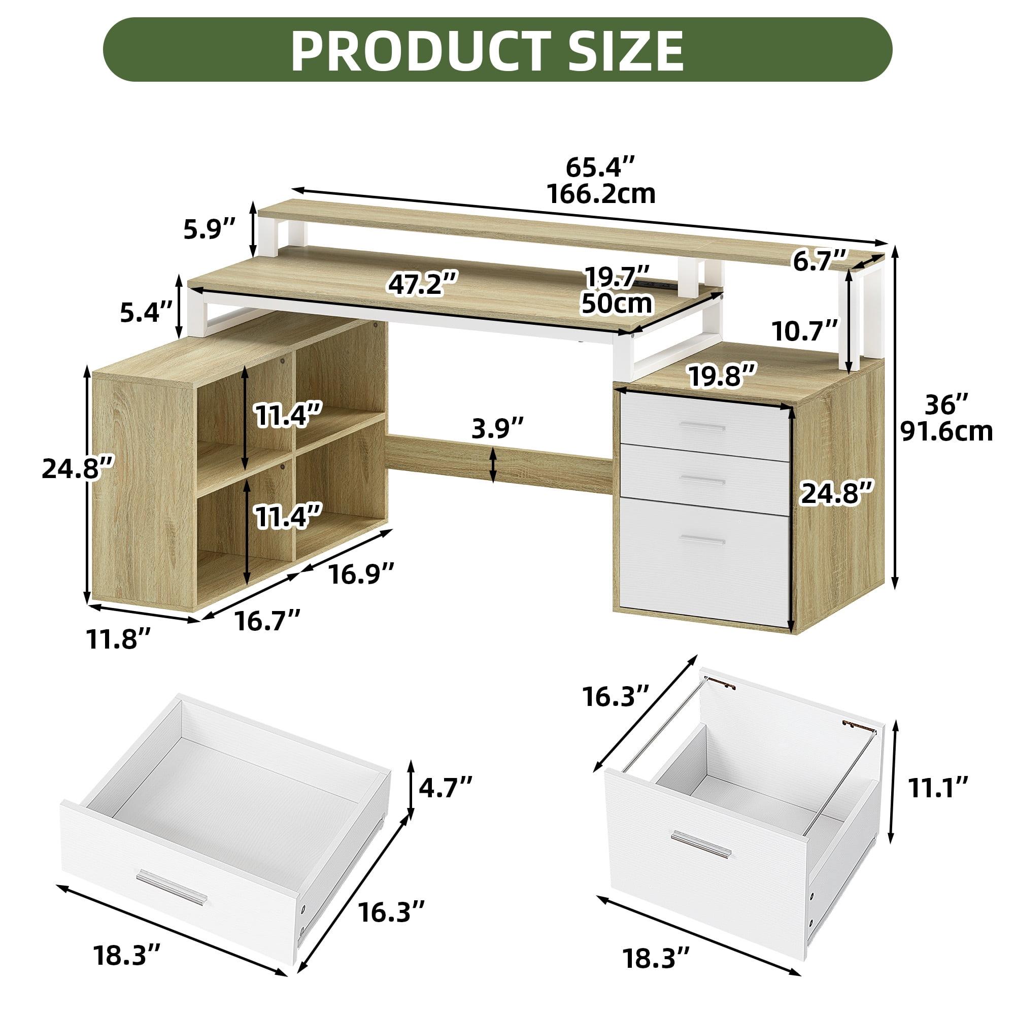 Uforic L Shaped Desk with LED Light & Power Outlets, Corner Computer Desk with Drawers & Open Storage Shelves, Oak