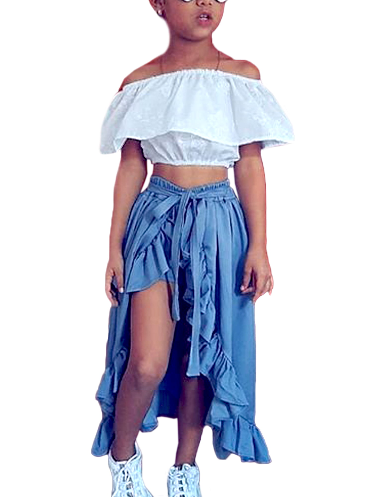 New Girls Kids Blue Denim Cotton Dungarees Jumpsuit Short Full Skirt Dress 7-13 