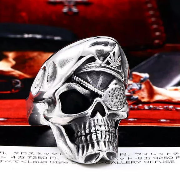 HOOUN Gothic One-eyed Army Skull Ring Stainless Steel Men's Skeleton Biker Punk Ring-9