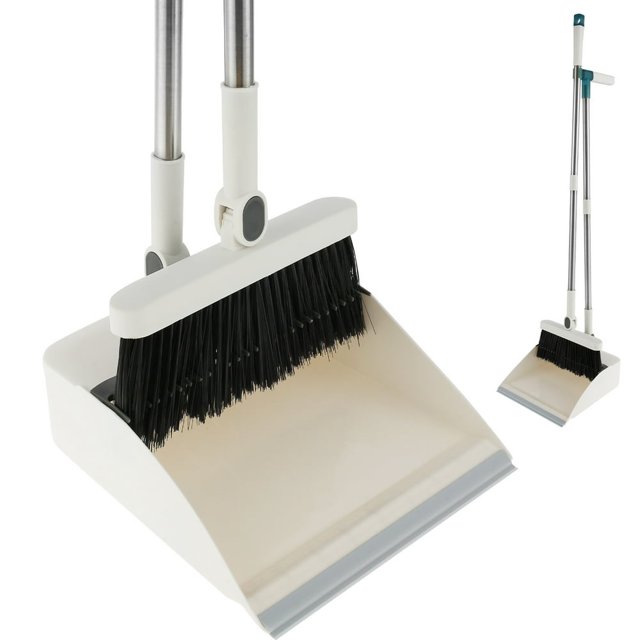 AMERTEER Broom and Dustpan Set with Magnetic Storage Design 180° Rotatable Upright Sweeper Dustpan Set with Comb Teeth(White)