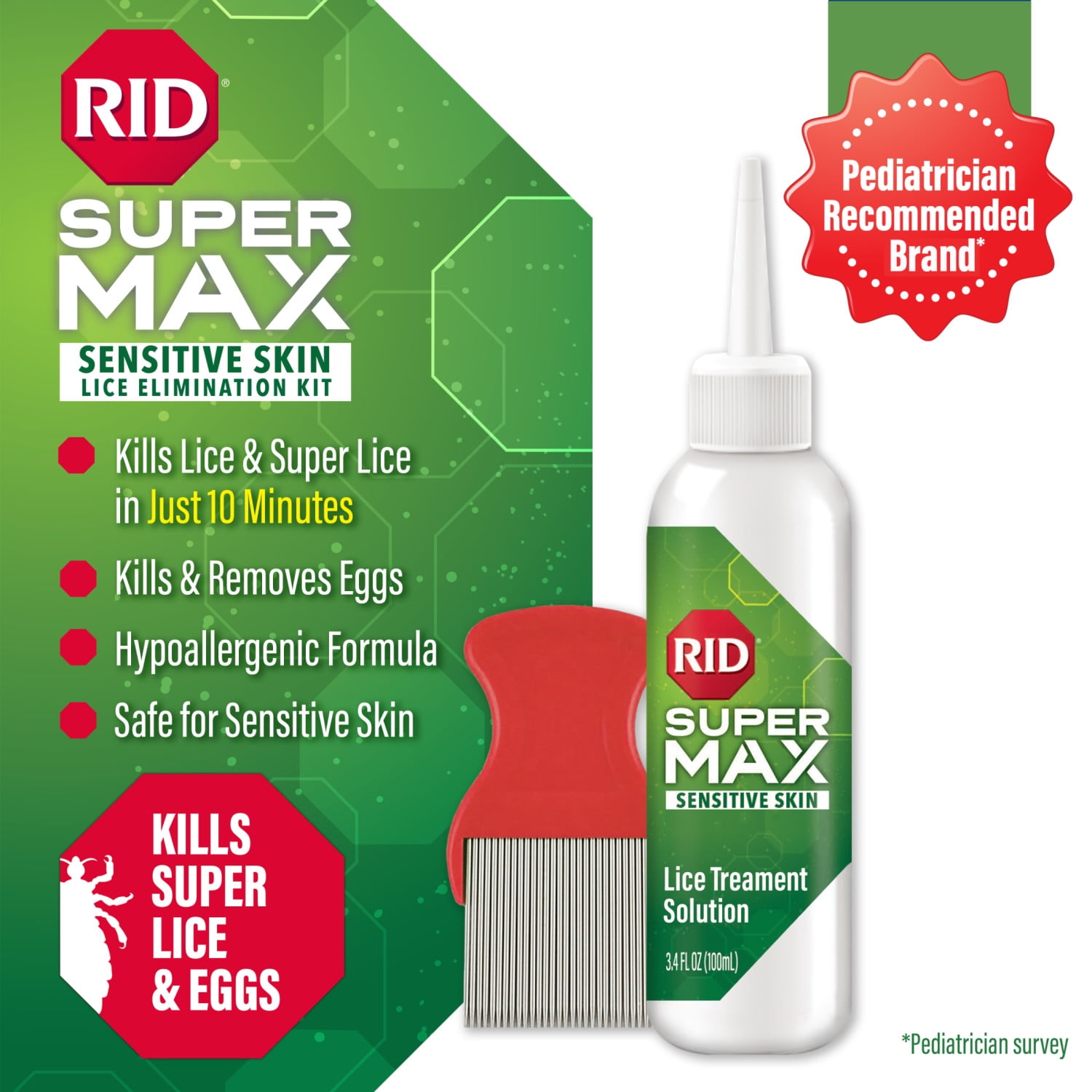 RID Super Max Sensitive Skin Lice Elimination Treatment Kit, Includes Nit Comb & Instructions, 3.4 fl oz