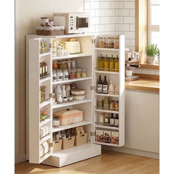 Enogets 47” Pantry Cabinet with LED Light, Kitchen Pantry Storage Cabinet with Doors and Adjustable Shelves, Freestanding Buffet Cupboards Sideboard, white