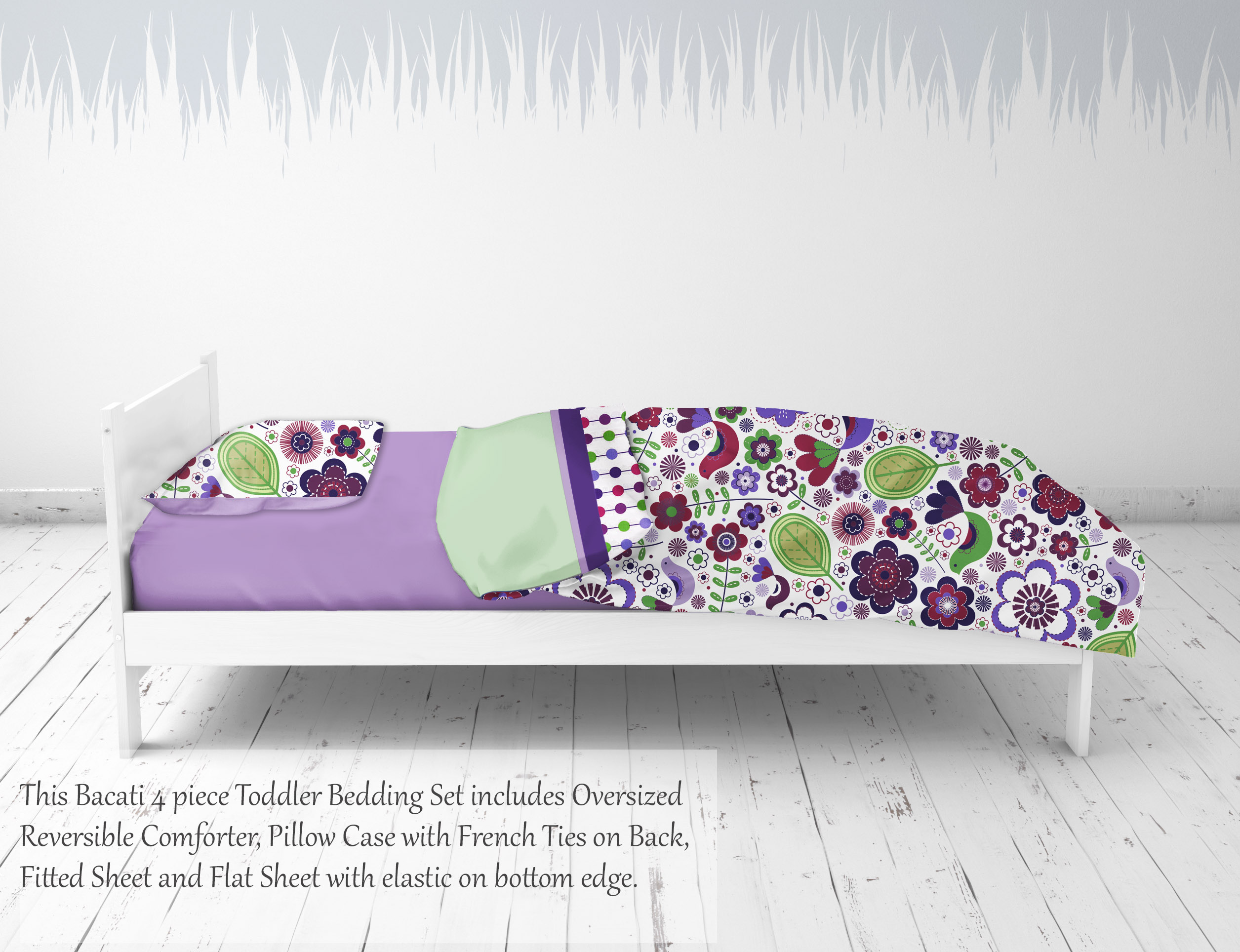 Bacati - Botanical 4-Piece Toddler Bedding set 100% Cotton percale, Purple