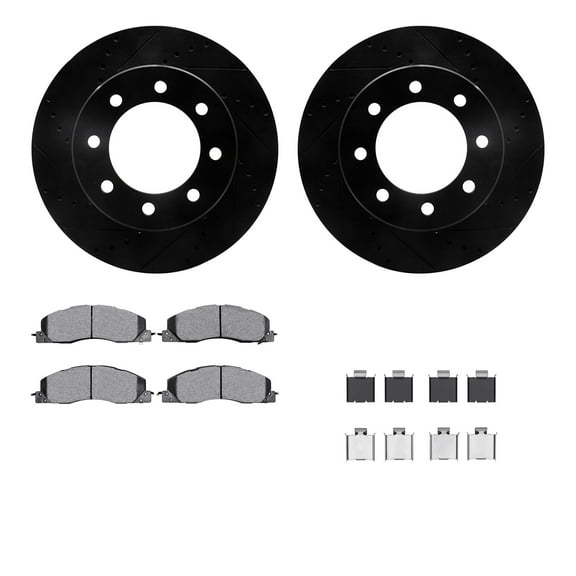 Dynamic Friction Company Front Brake Rotors-Drilled and Slotted-Black with Ultimate Duty Performance Brake Pads includes Hardware 8412-40021