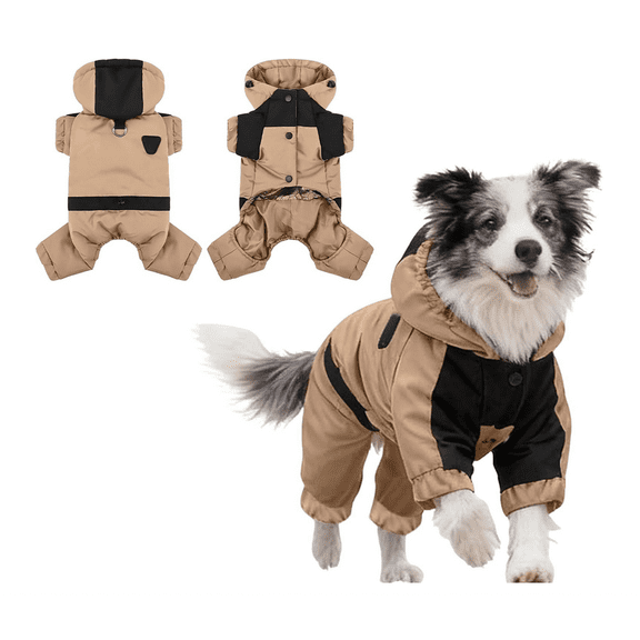 Warm Dog Coat with Hood,Waterproof Windproof Winter Full Body Dog Jacket Snowsuit,Adjustable Cold Weather Pet Clothes (Khaki,M)