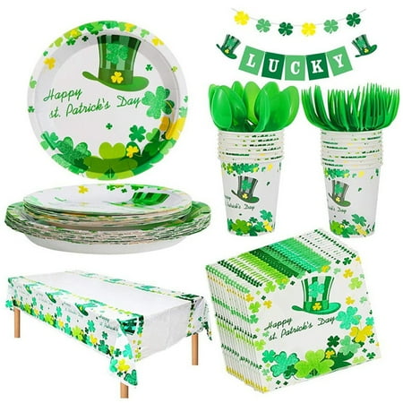 

Pack of 114 St. Patrick s Day Tablecloth Tableware Set Table Cloth Forks Spoons Napkins Dinnerware Kit Holiday Decoration