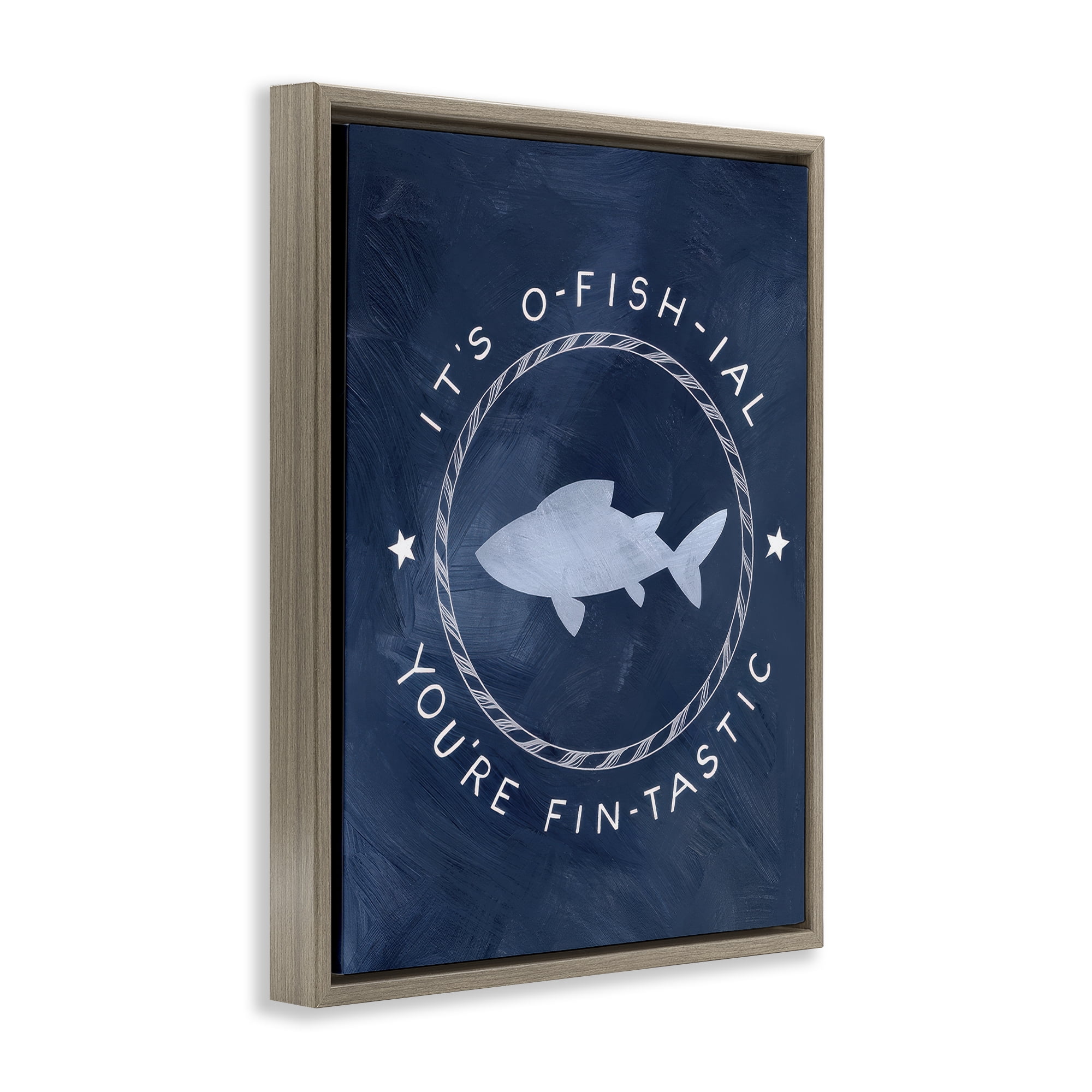 Stupell Industries Officially Fantastic Fish Pun Nautical & Beach Painting Brown Floater Framed Canvas Art Print Wall Art, 17 x 21