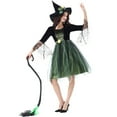 thumbnail image 5 of TFEOQRY Women's 2Pcs Witch Outfit Set Pointed Hat Floral Decor Half Sleeve Mesh Dress Outfit Green, 5 of 9