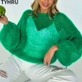 thumbnail image 1 of RWJDXD TYHRU Chandails Tricotés pour Femmes, Chandail Mince en Maille Ajourée pour Dame, Style Transparent, Manches Lanterne, Hauts Amples, Blouse, 1 of 6