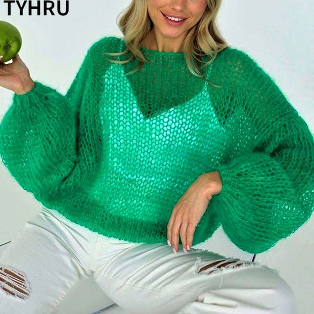 RWJDXD TYHRU Chandails Tricotés pour Femmes, Chandail Mince en Maille Ajourée pour Dame, Style Transparent, Manches Lanterne, Hauts Amples, Blouse
