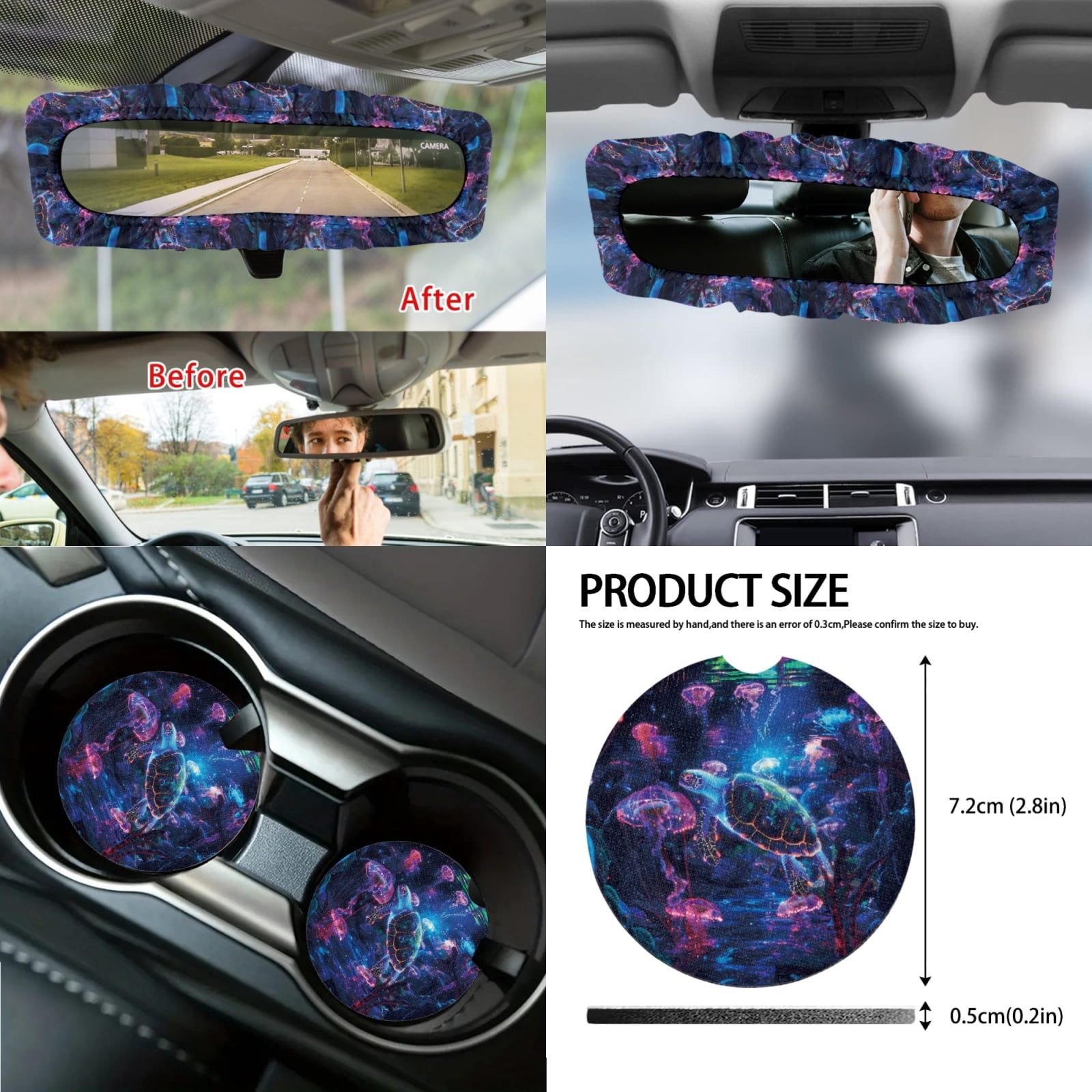 Jeiento Sea Turtle Car Seat Covers Set 14 Pcs Auto Seat Protector with Steering Wheel Cover Seat Belt Pads Garbage Bag Armrest Cover Handbrake Cover Set Rear View Mirror Protector Coasters