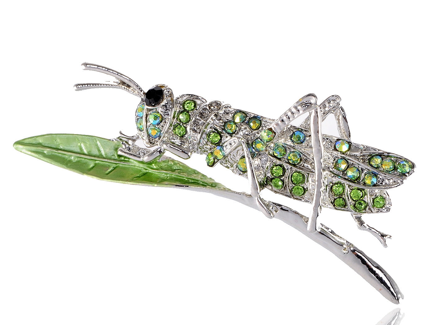 Alilang Silver Metal Tone Green Rhinestone Embellished Grasshopper On Leave Pin Brooch Walmart Com Walmart Com