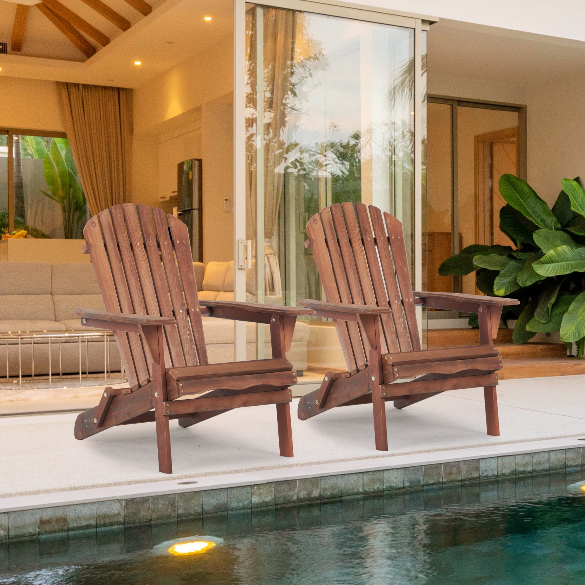 UHOMEPRO Folding Adirondack Chair Set of 4, Outdoor Weather Resistant Patio Lawn Chair, Wooden Fire Pit Chair for Outside Deck Garden Backyard Balcony, Patio Furniture Set Lounge Chairs, Brown