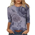 thumbnail image 3 of Craaazy T-Shirts Graphiques pour Femmes Grande Taille Coupe Ample Couleur Unie Col Rond Décontracté Manches 3/4 T-shirt à Imprimé Floral pour Hauts de Printemps pour Femmes, Hauts d'Été pour Femmes, 3 of 5