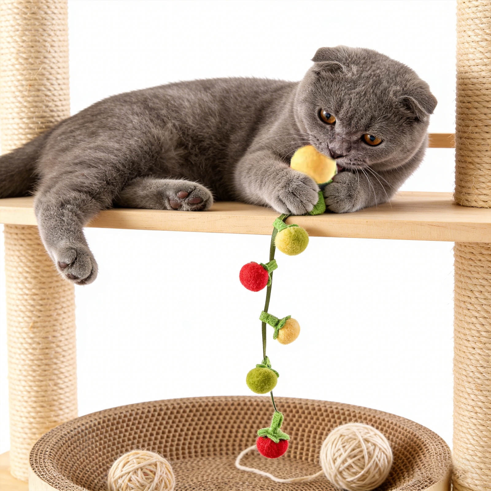 Interactive Cat Toy with Catnip, Squeaky Persimmons & Tomatoes Shapes - Hangable String with Bells, Soft Chew Spring Kicker for Kittens and Adult Cats