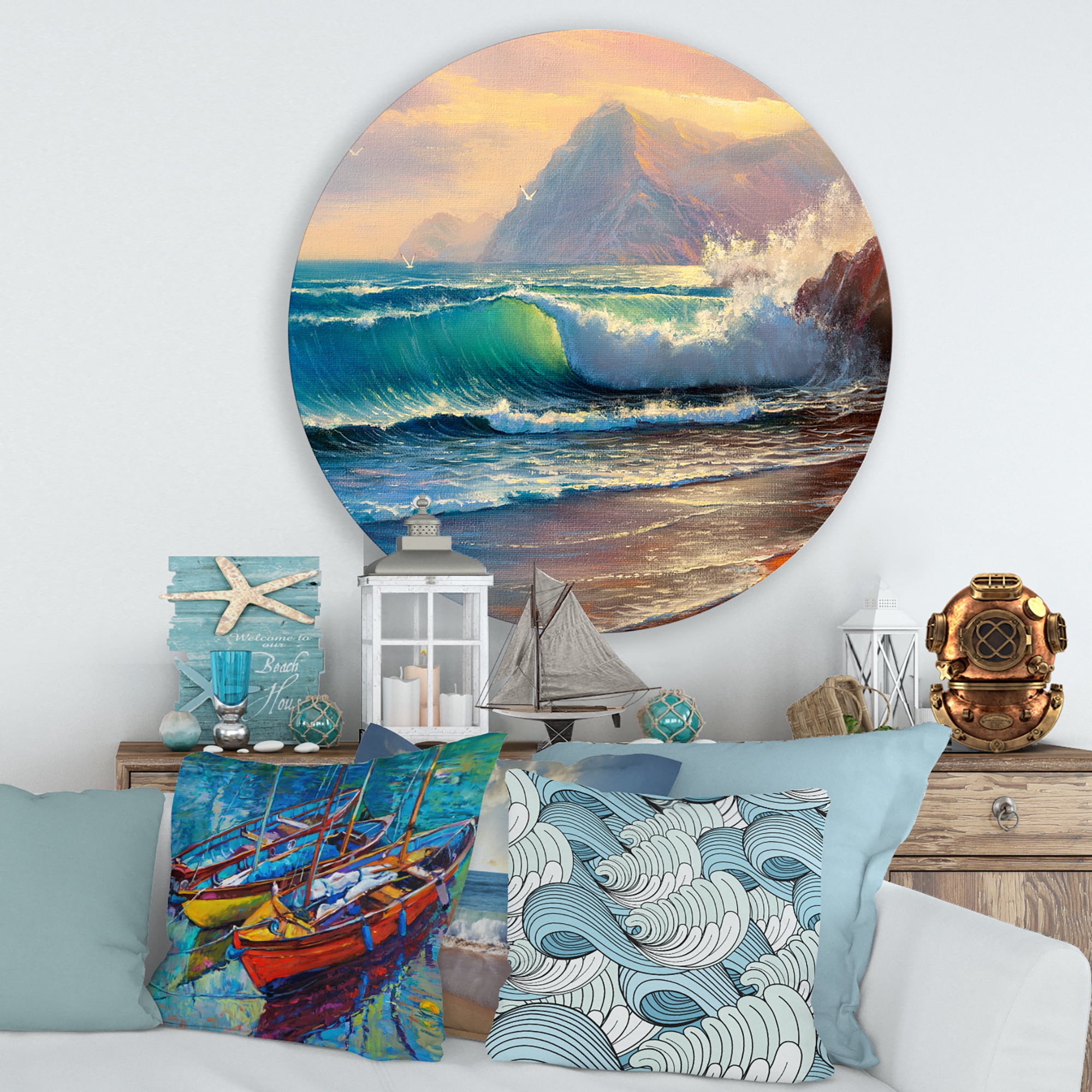 Designart 'Sunrise Glow On The Sea Waves III' Nautical & Coastal Circle Metal Wall Art 36x36 - Disc of 36
