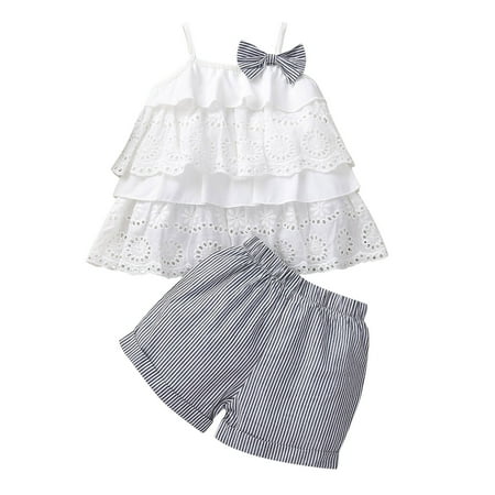 

Toddler Kids Girls Clothes Bowknot Sleeveless Strap Suspenders Top Stripe Shorts Casual Beach 2PCS Outfits Set Children Clothes Girls 3-6 Years