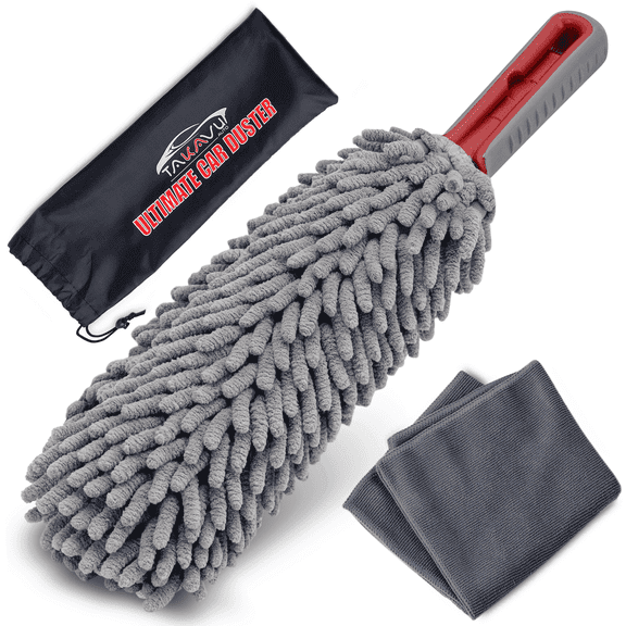 Car Duster Interior by TAKAVU, 360° Microfiber Fingers, Unbreakable Comfort Handle, Lint and Scratch Free, Include Microfiber Towel, for Car & Home Use, the Best Auto Accessories Gray