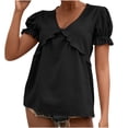 thumbnail image 1 of Camiseta informal para mujer, cuello en V sólido, bonita manga farol, jersey de manga corta, blusa, Tops Fridja  hjk6129, 1 of 6