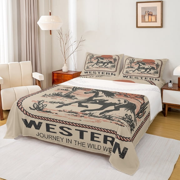 Homewish Teens Western Farmhouse Horse Twin Sheet Sets 3pcs,Exotic Style Twin Fitted Sheet Microfiber,Retro Vintage Breathable Flat Sheet,Breathable Home Decor