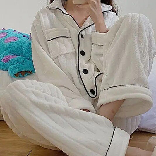 Conjunto de pijamas de invierno para mujer, ropa de dormir cálida de Navidad, conjunto de dos piezas de talla grande