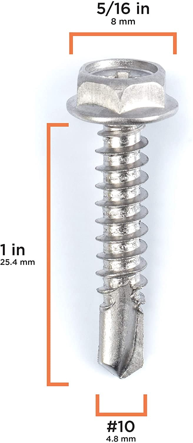 THE CIMPLE CO - 100pc Stainless Steel Self Drilling Tapping Screws #10 x 1" Hex and Phillips