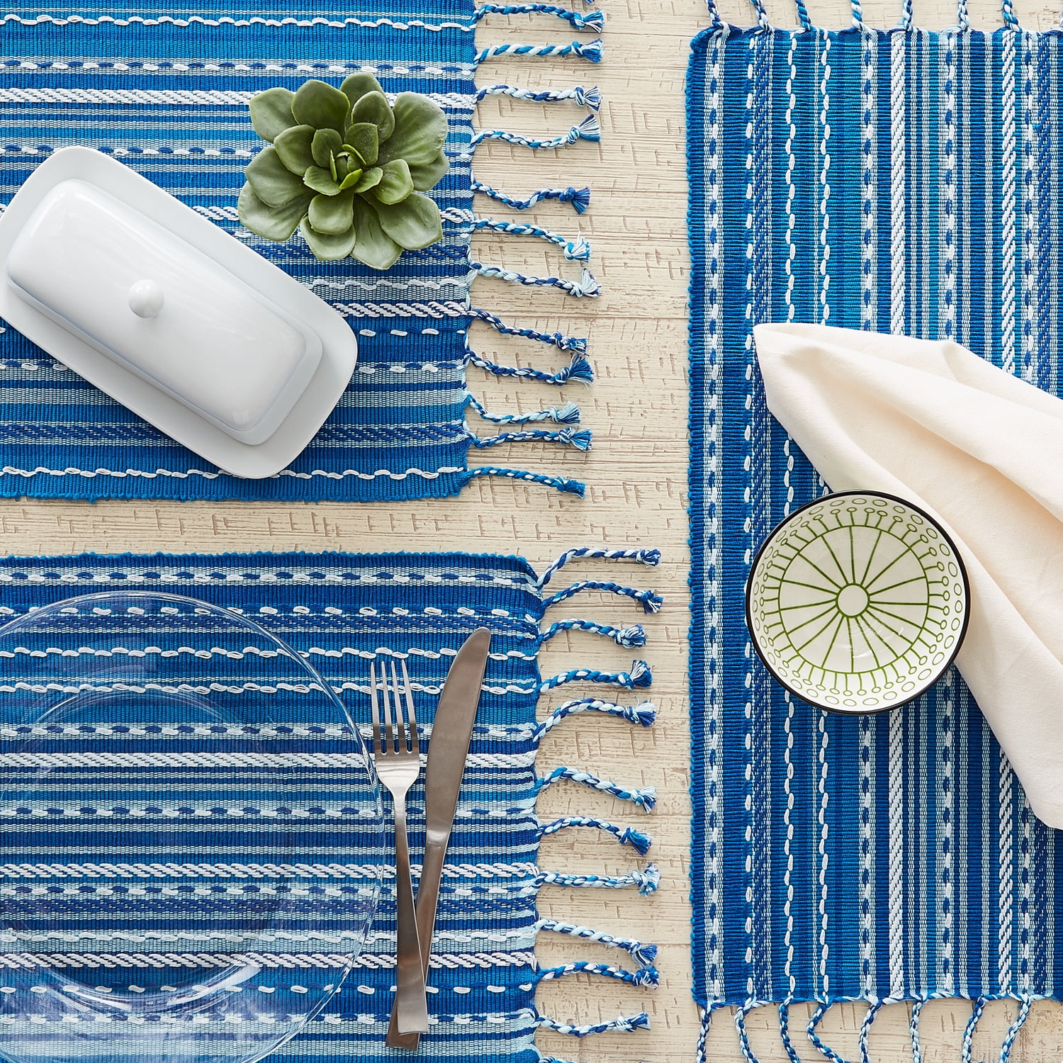 Blue Tonal Stripe With Fringe Placemat (Set of 6)