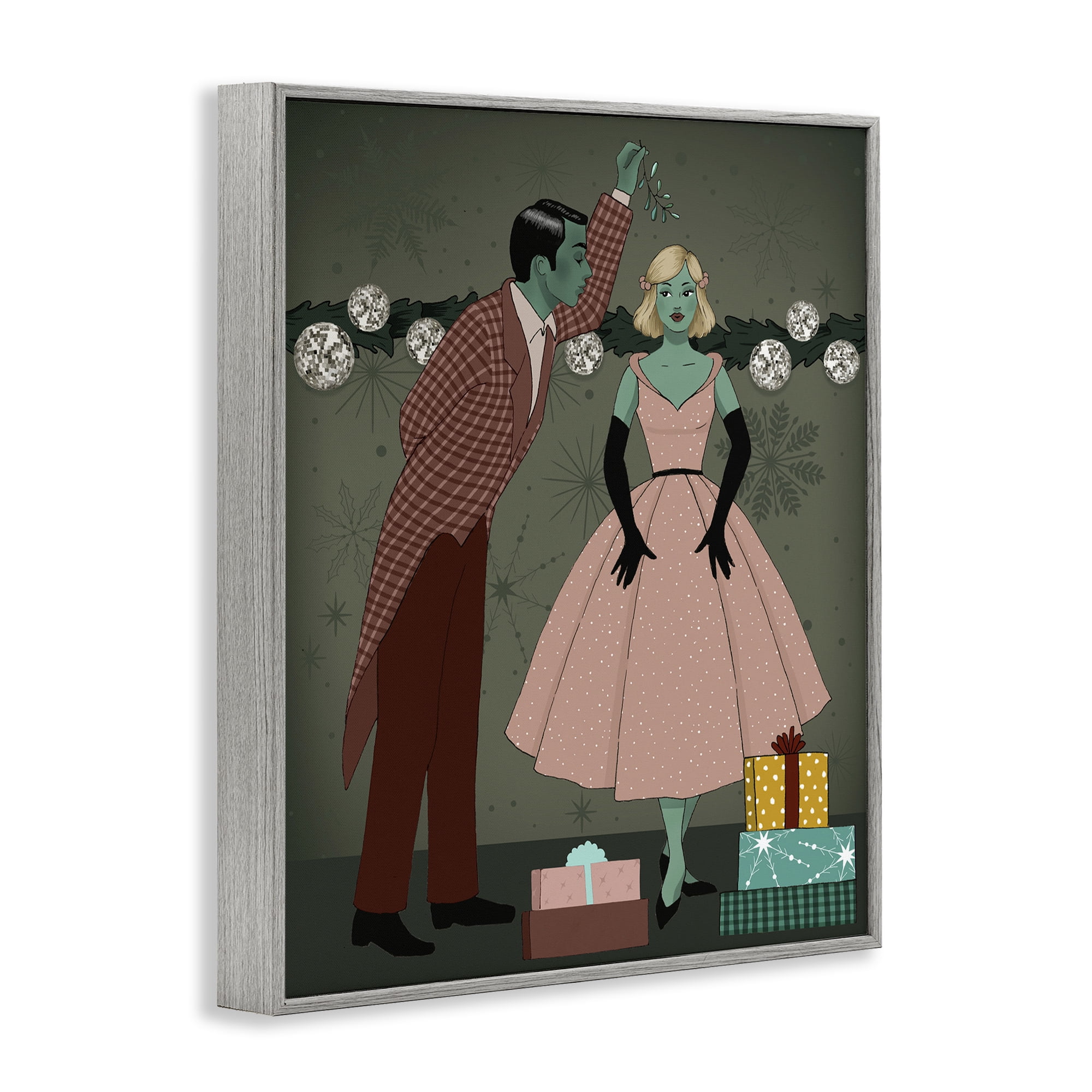 Stupell Industries Romantic Christmas Kiss Holiday Painting Gray Framed Art Print Wall Art, 24 x 30