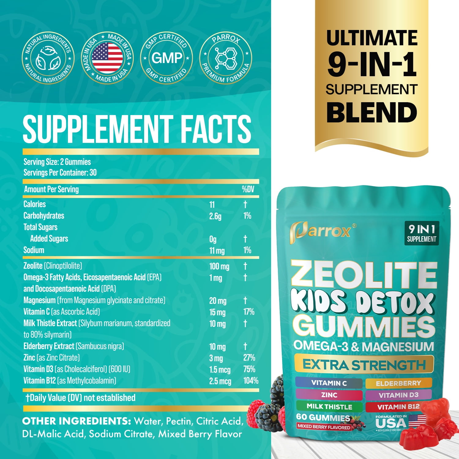 Parrox Zeolite Detox Gummies for Kids, Elderberry Extract 10mg, Kids Detox, Immune & Gut Health, Energy, Brain & Bone, Omega-3, D3, B12, Mixed Berry, 60 count