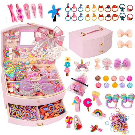 Hair Accessories for Girls Set for Girls Including Jewelry Box/Hair Clips/Hair Ties/Girl Birthday Gifts for girls Age 4-10 (Square Jewelry Box)