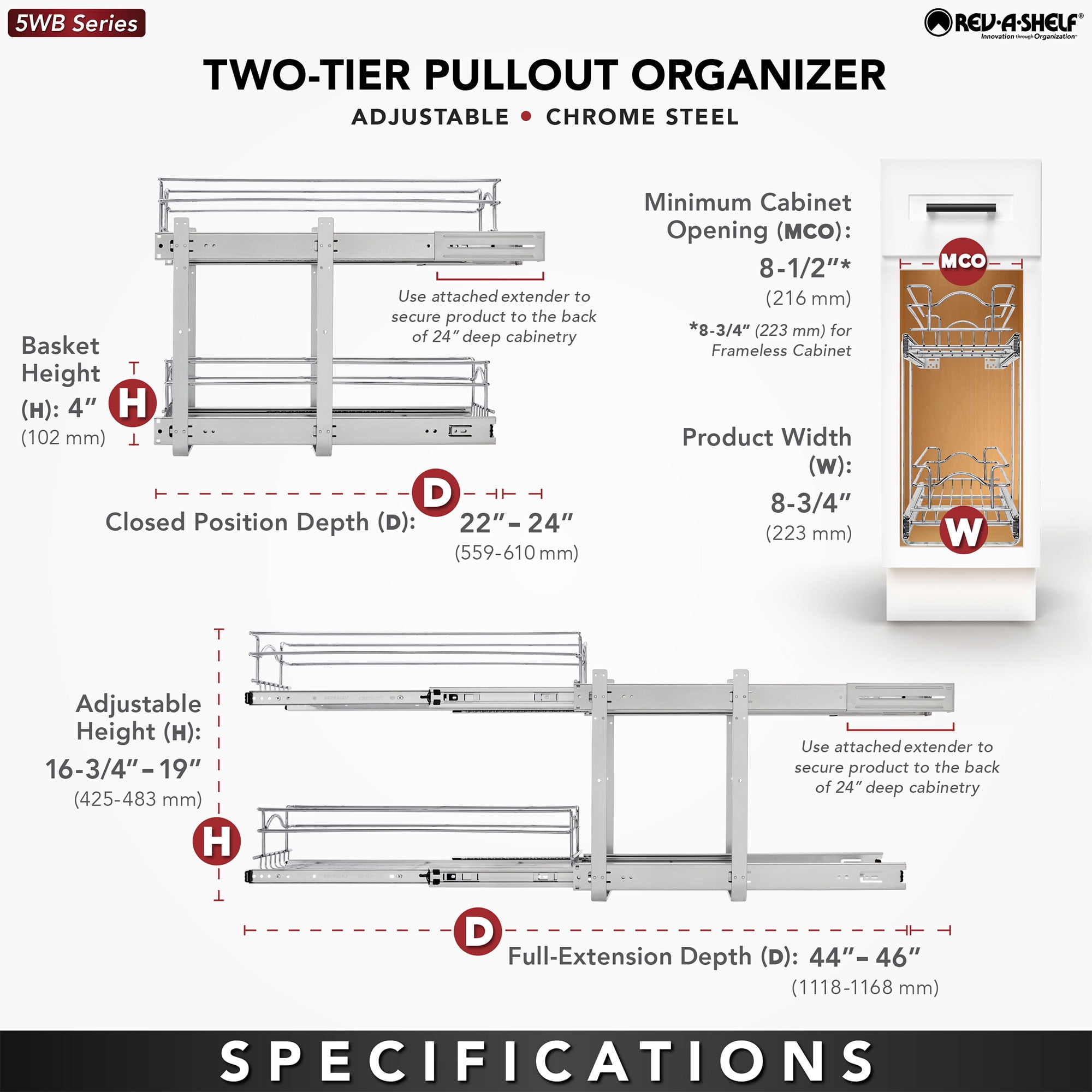 Rev-A-Shelf 5WB2-0922CR-1 9 x 22 In 2-Tier Wire Pullout Cabinet Drawer Basket