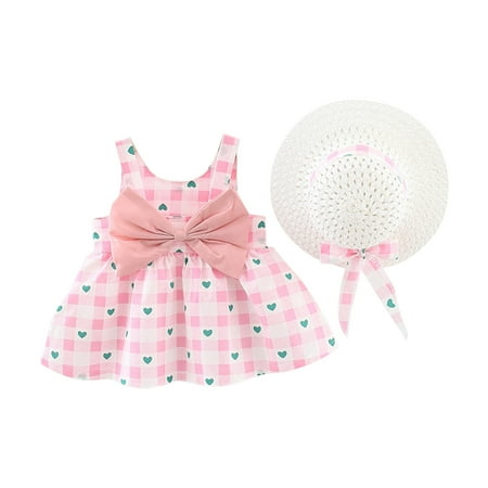 

Baby Girls Tutu Dress Summer Sleeveless Backless Princess Birthday Party Dresses Flower Bow Sundress with Straw Hat Set