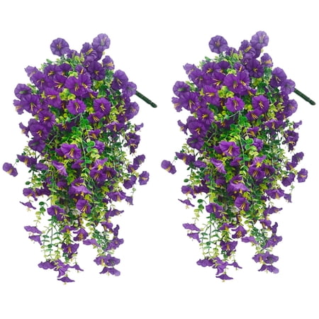 BANEX 2 PCS Artificial Hanging Flowers Fake Plants Outdoor,Silk Morning Glory Faux Flowers with Eucalyptus Leaves,UV Resistant Realistic Hanging Plants for Home Garden Decor Purple