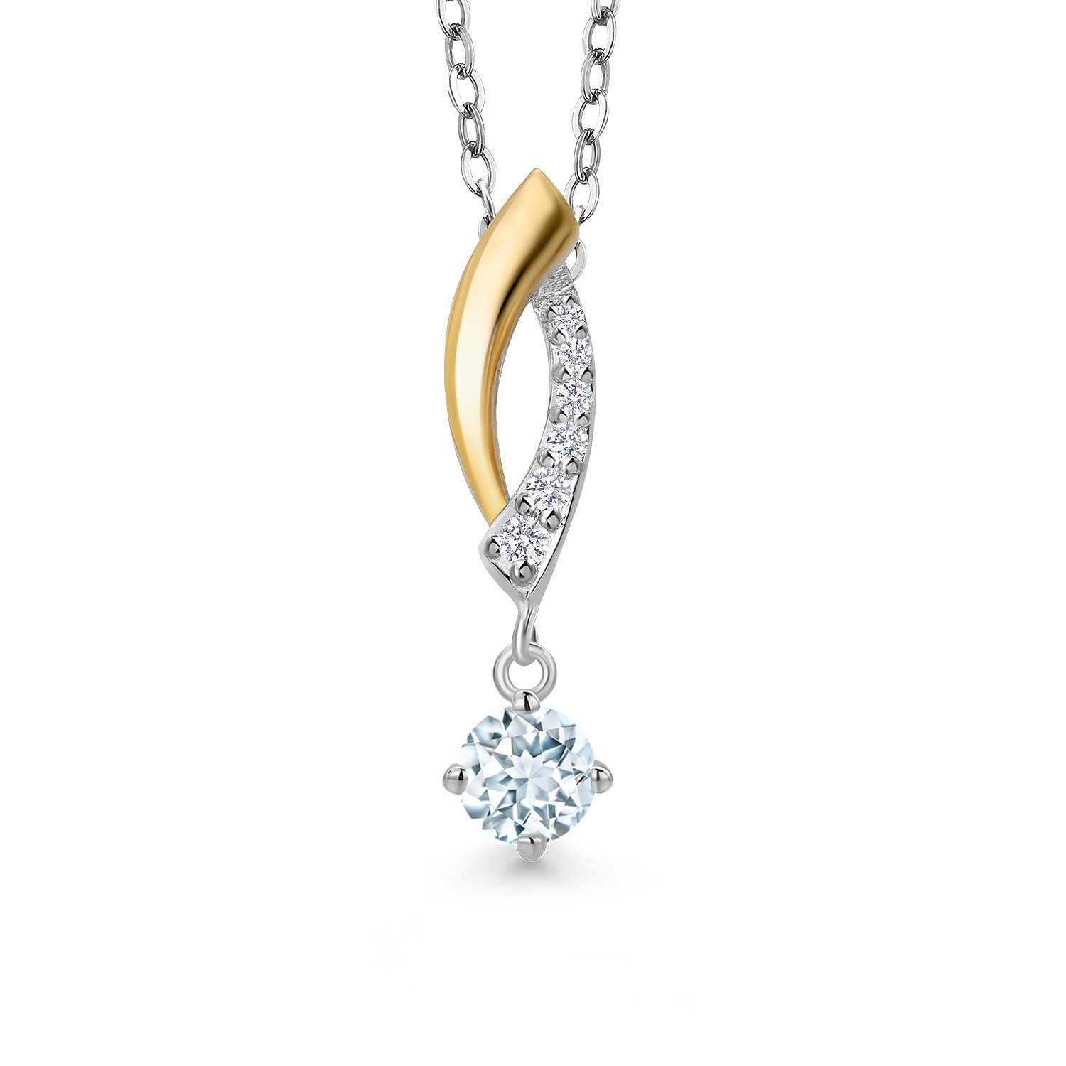 Gem Stone King 925 Silver and 10K Yellow Gold Sky Blue Aquamarine and Lab Grown Diamond Pendant Necklace for Women | 0.28 Cttw | Gemstone March Birthstone | Round 4MM | With 18 inch Silver Chain