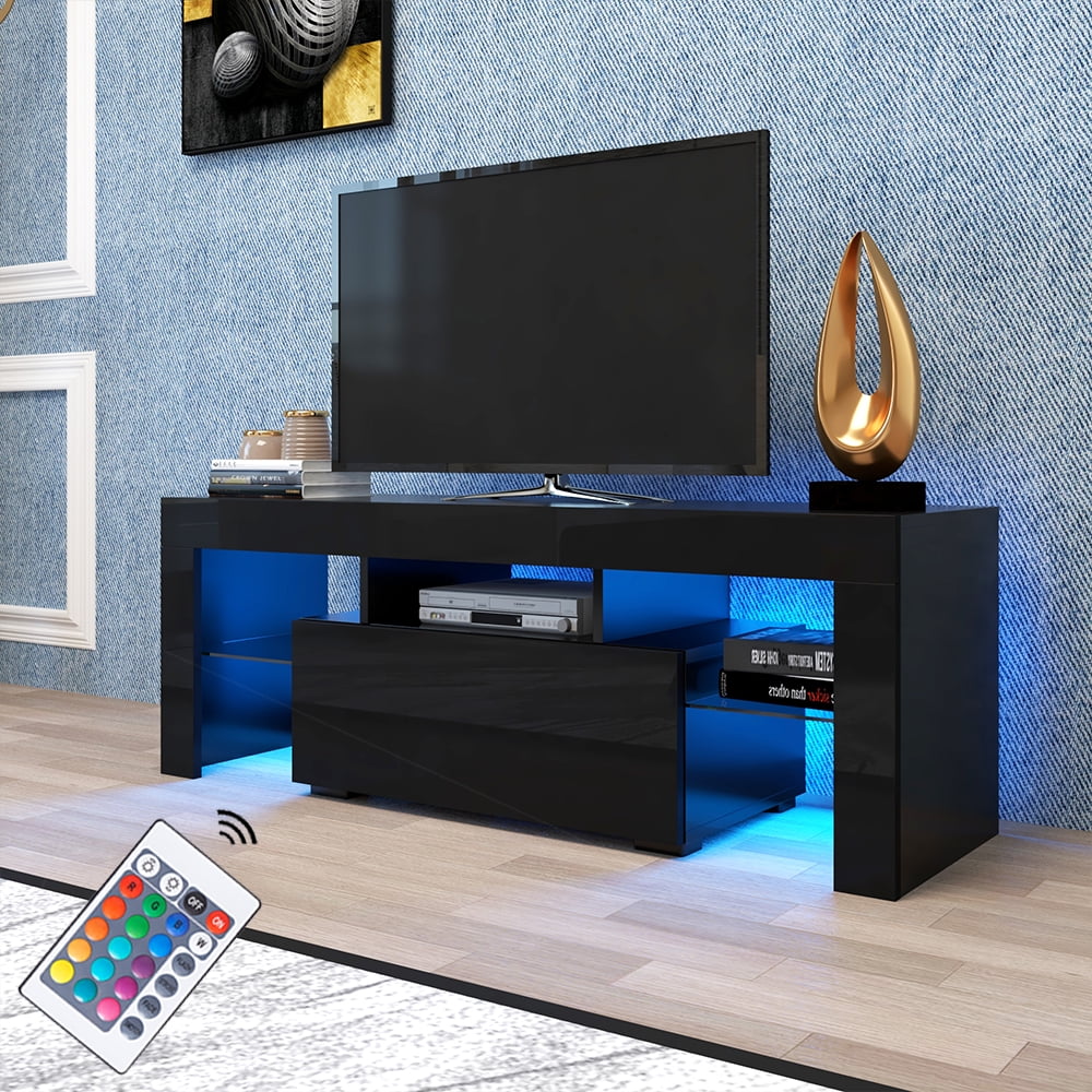 URHOMEPRO Modern Black TV Stand with 12 Colors RGB LED Lights