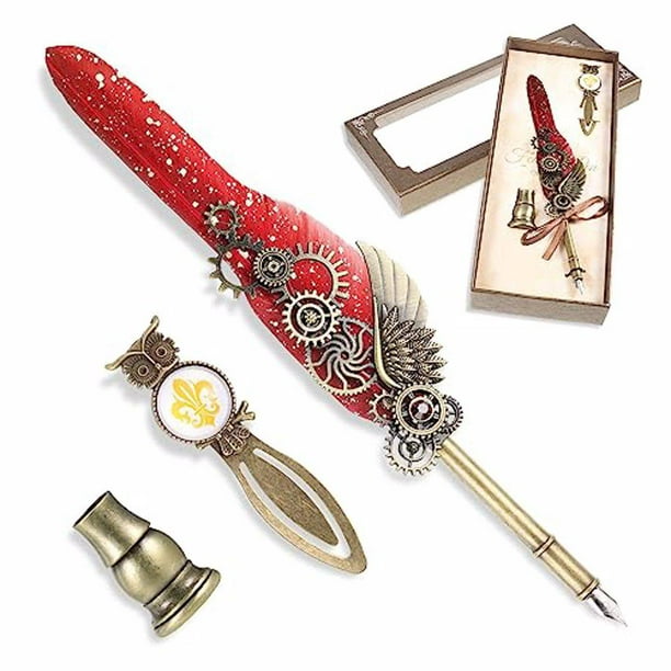 Injueey Pluma de inmersión de pluma Vintage, exquisita artesanía, escritura suave, estilo Retro, juego de pluma estilográfica Medieval, Suministros de escritura y corrección Borgoña