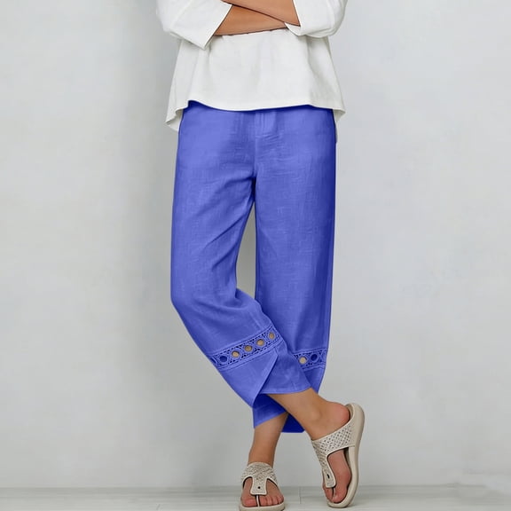 Costeam Womens Capri Pants Cotton Linen Blend Wide Leg with Side Pockets Mid Rise Relaxed Waist Lace Embroidery Split Cuff Cropped Trousers Lightweight Breathable Soft Casual Summer Bottoms