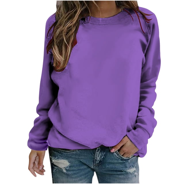 Yuyuzo Chandail en Molleton Sportif Uni pour Femmes Automne 2025, Décontracté, Col Rond, Manches Longues Raglan, Tunique Ample, Violet A2