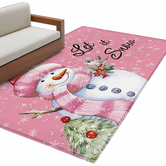 Pink Christmas Snowman Area Rug 3x5 FT, Non Slip Entryway Bedside Carpet, Xmas Birds Winter Snowflake Washable Soft Floor Carpet Indoor Mat Non-Shedding Throw Rug for Dorm Kitchen Home Office