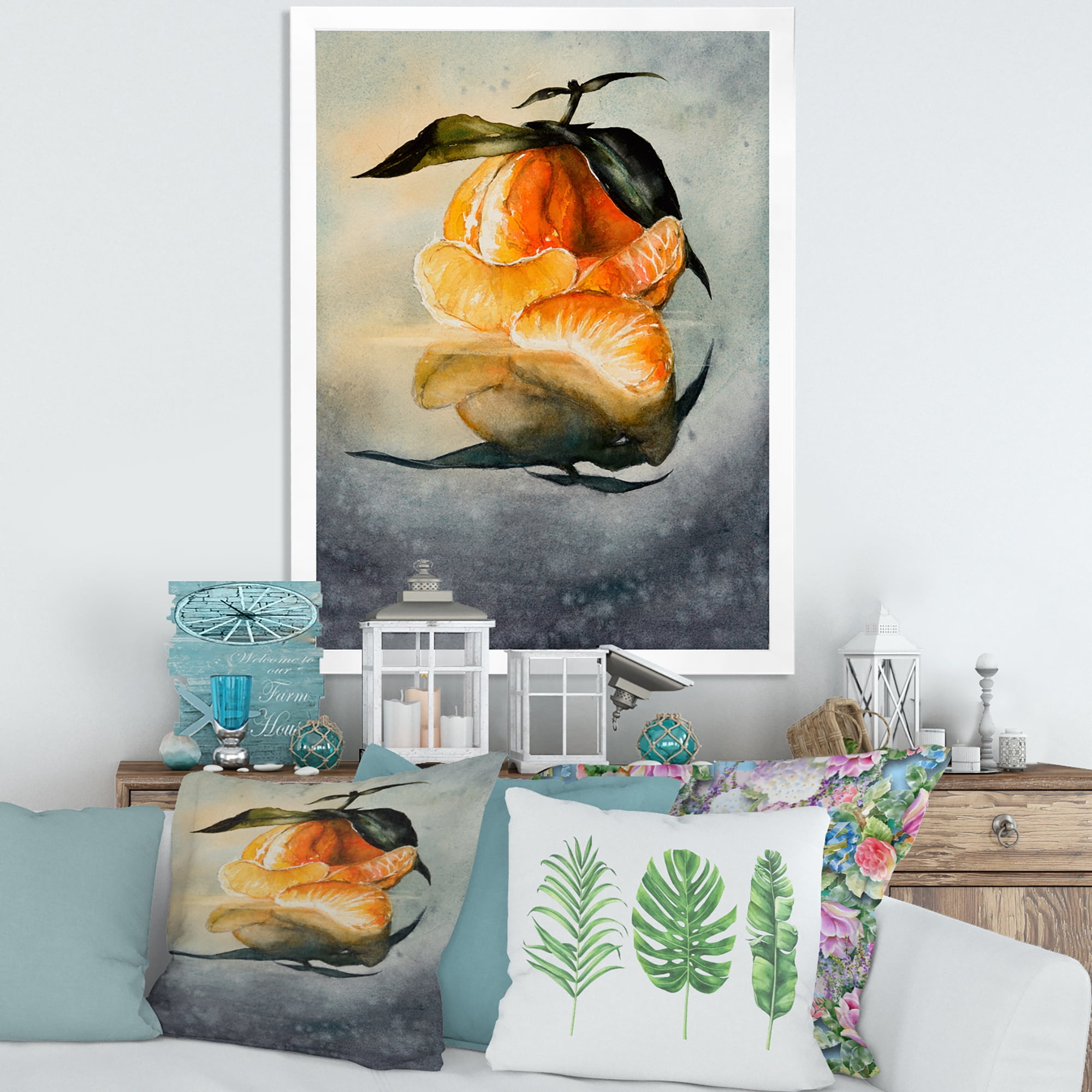 Designart 'One Peeled Fresh Orange Mandarin Under Green Leaves' Traditional Framed Art Print