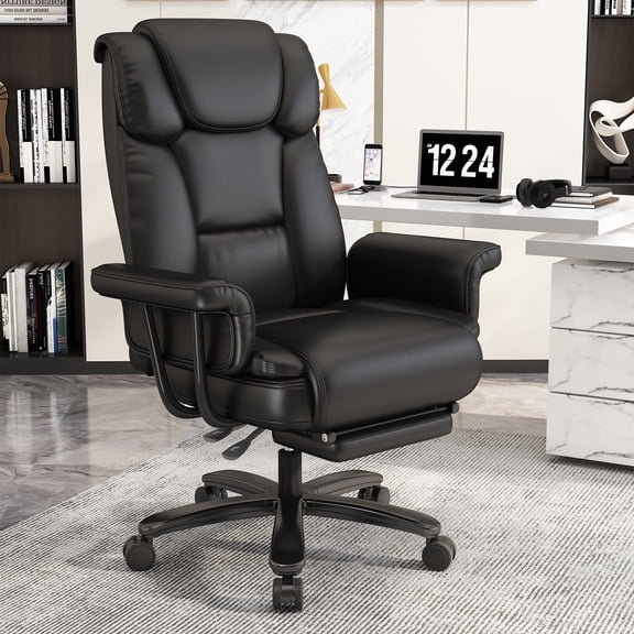 Ninecer High Back Executive Office Chair, Big and Tall PU Leather Office Chair, Heavy Duty Computer Desk Chair, Reclining Office Chair with Footrest 400lbs, Black